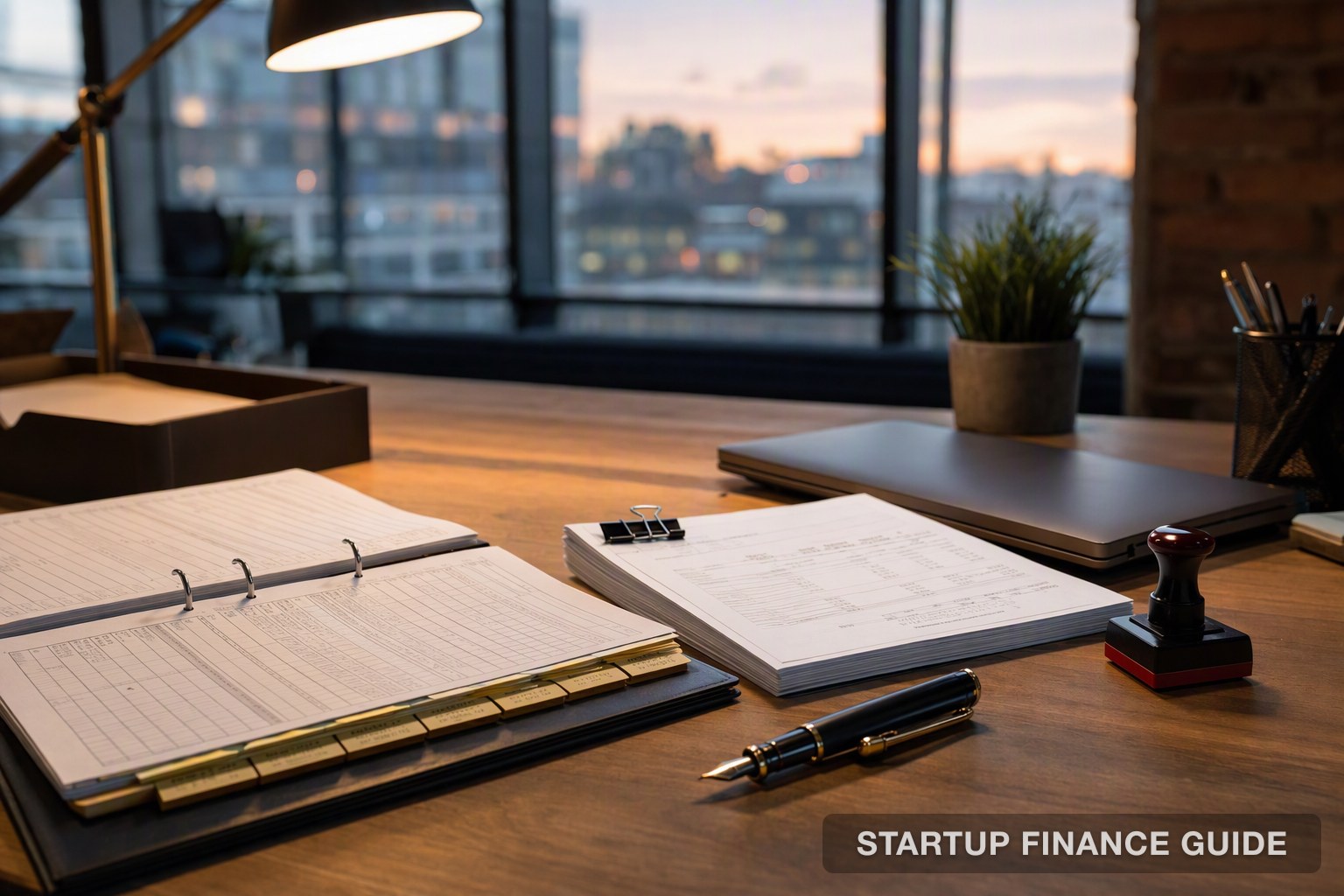 Month-end ledger binder, printed financial statements and an approval stamp on a startup office desk