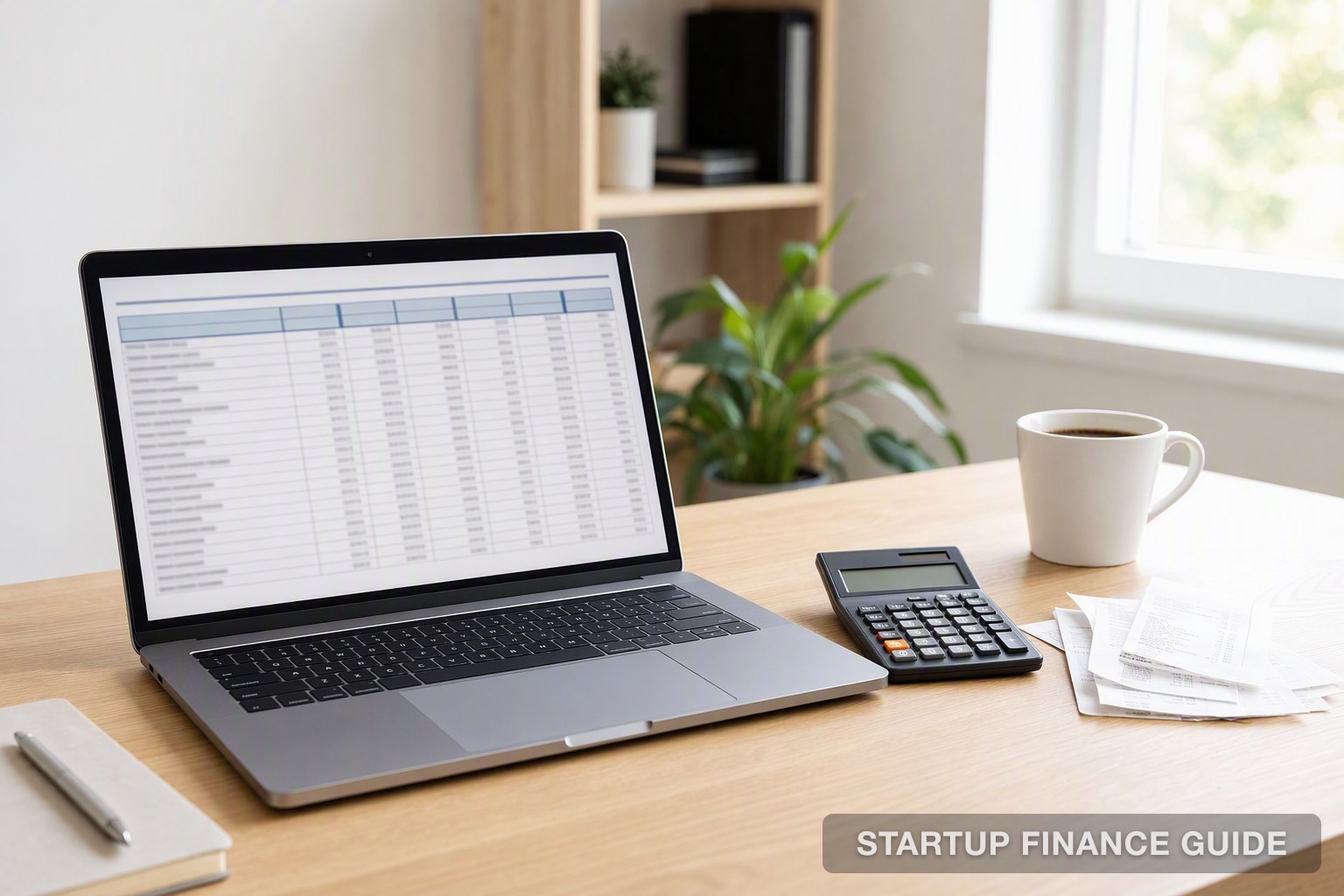 A laptop showing a bookkeeping ledger beside a calculator and receipts
