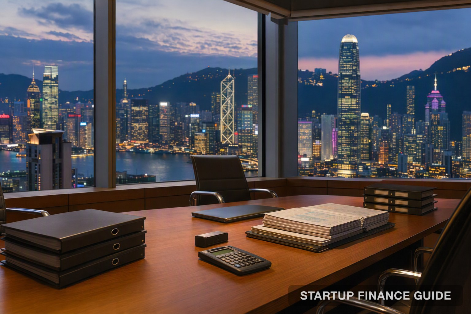 Empty meeting room with binders and ledgers on a table overlooking an Asian financial district skyline at dusk