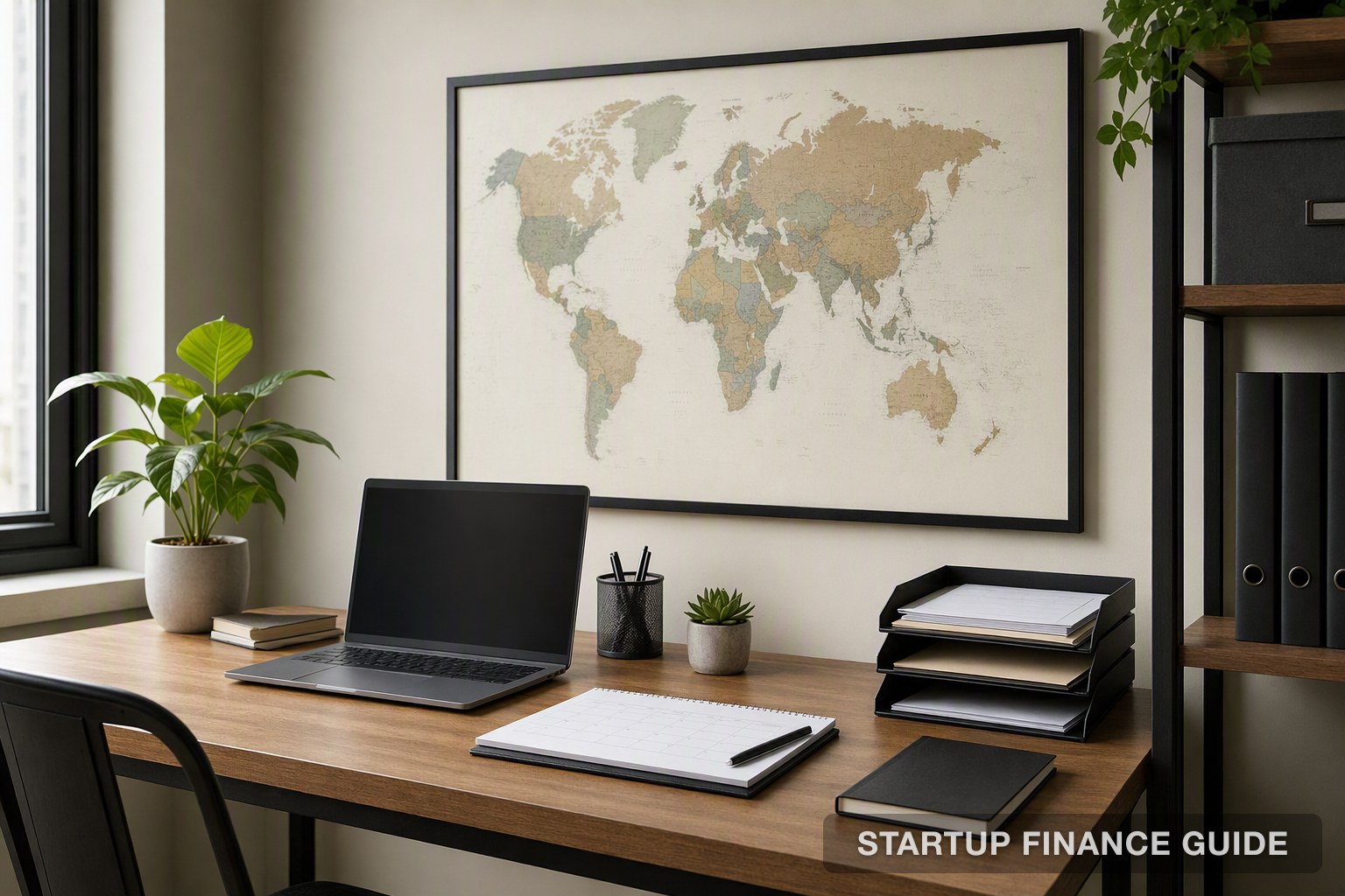 A desk with a world map, calendar and document folders for cross-border compliance