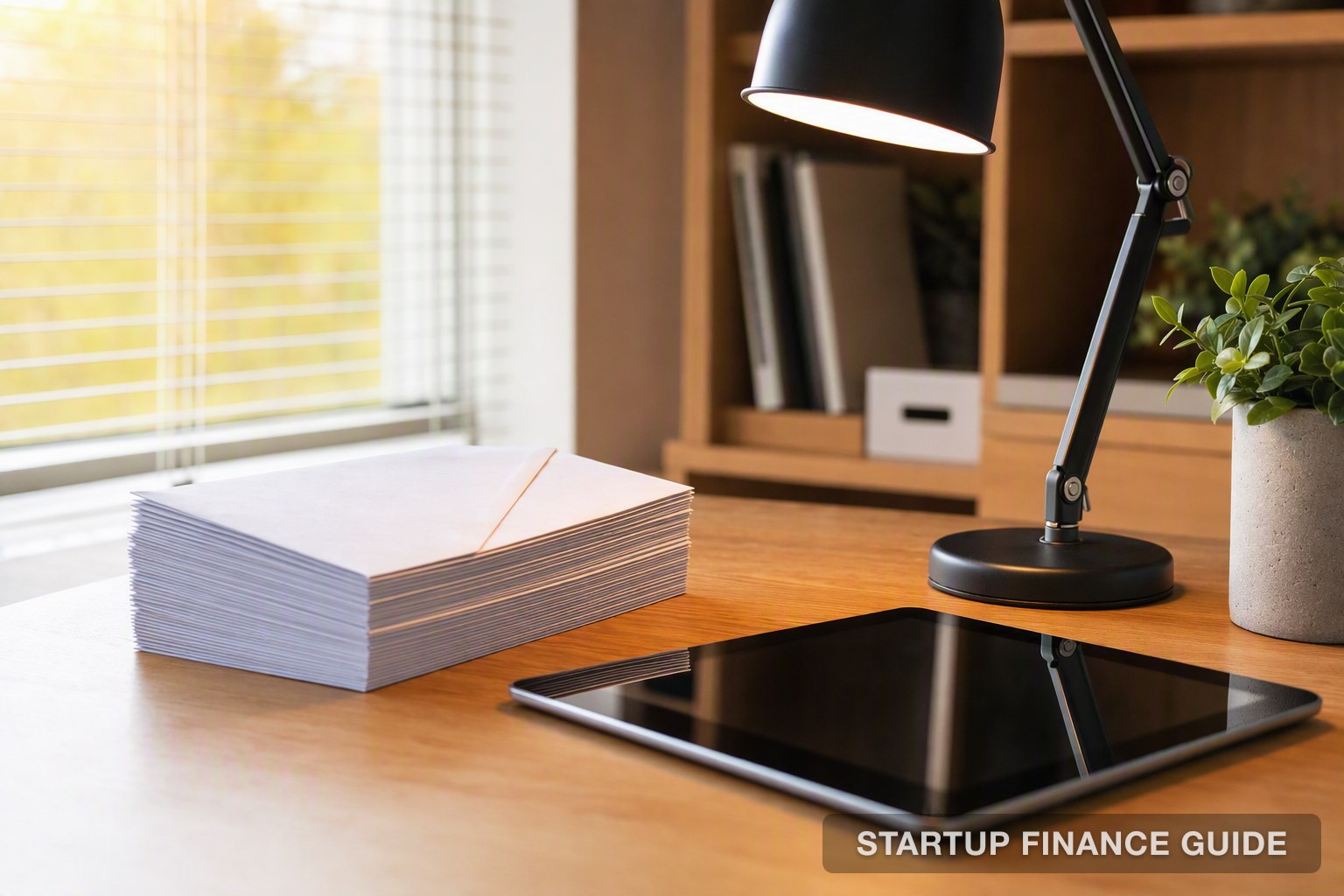 Business mail stacked beside a tablet on a home office desk