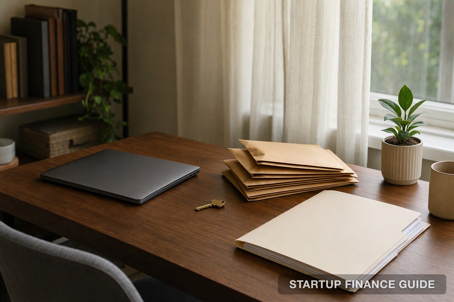 Home office desk with sealed envelopes, a key and formation paperwork, illustrating how to keep a home address off public business records
