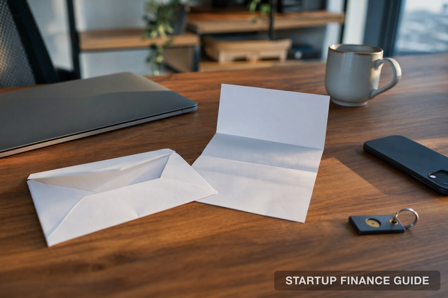An opened envelope and letter beside a closed laptop, a face-down phone and a hardware security key on an office desk
