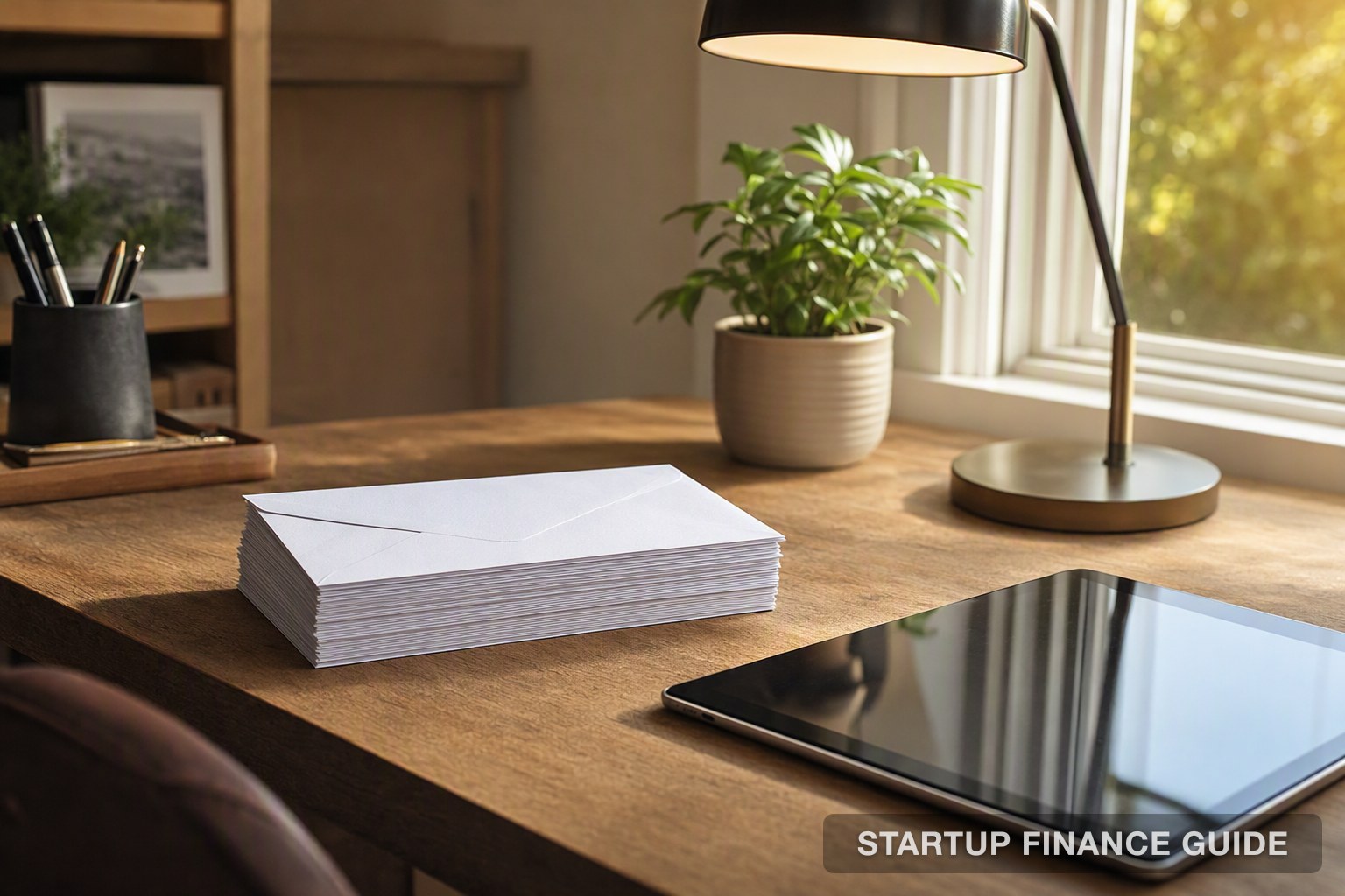 Business mail stacked beside a tablet on a home office desk