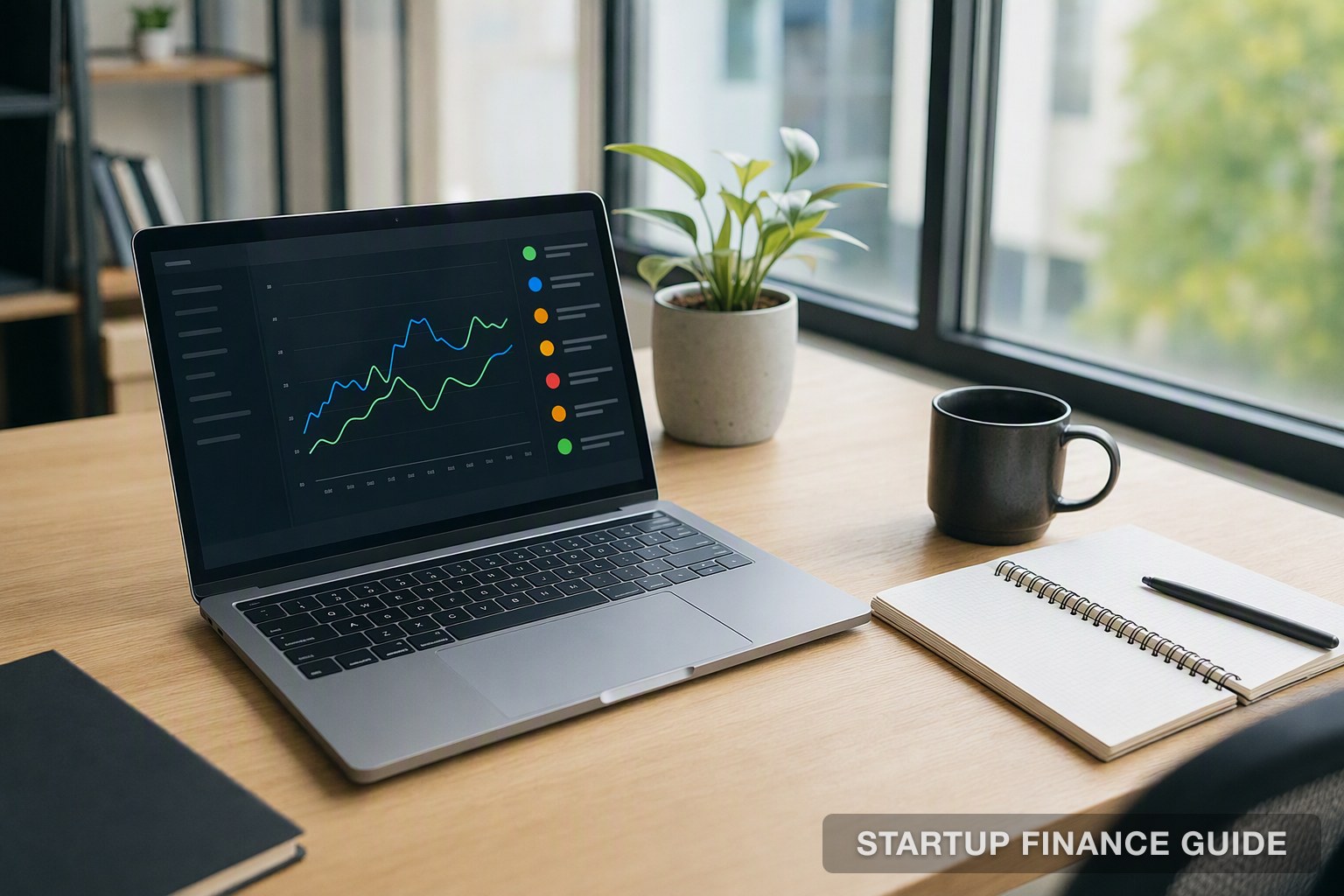 A laptop showing an abstract account health dashboard on a startup desk