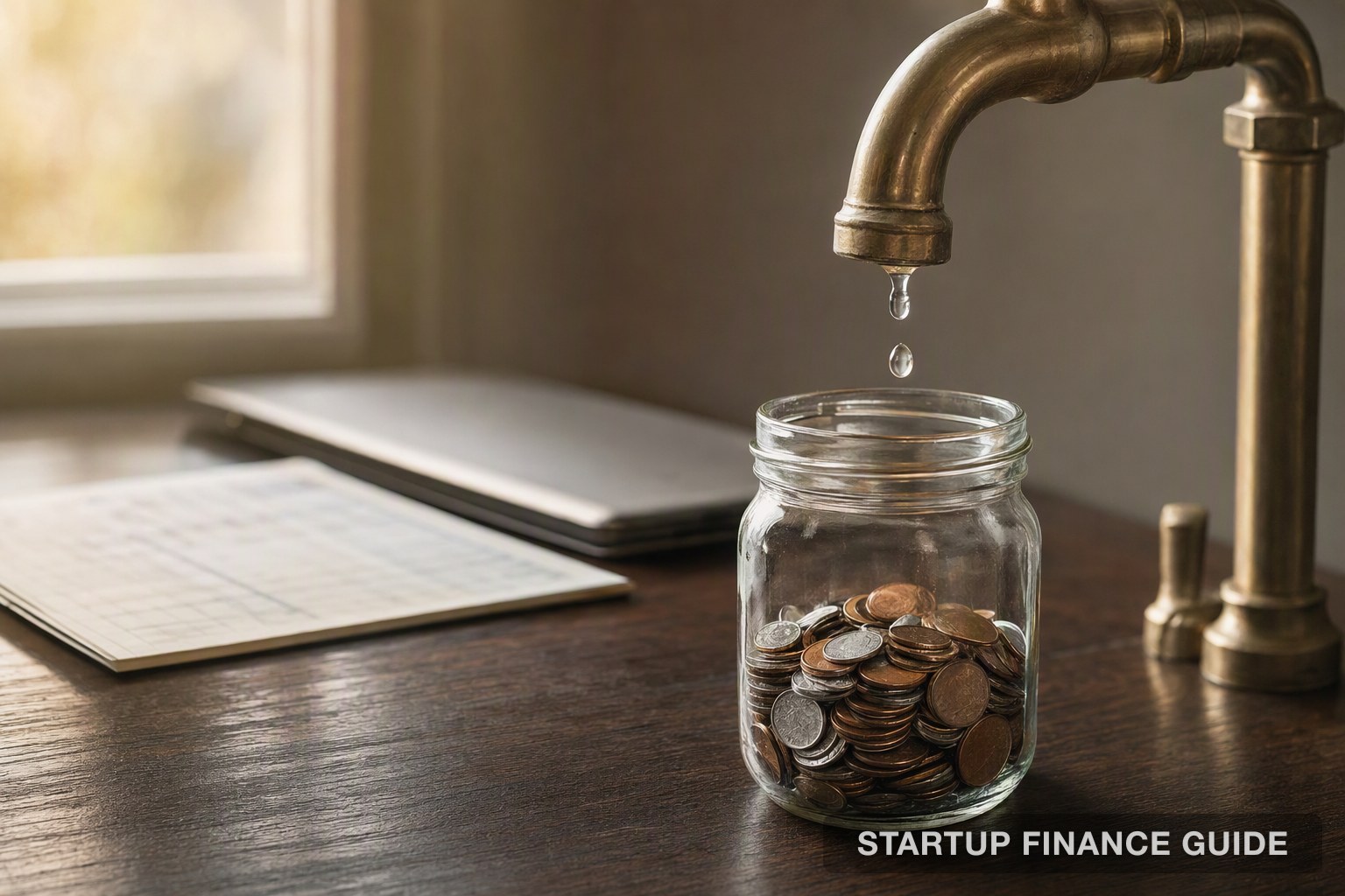 A dripping brass faucet above a glass jar of coins on a desk, with a ledger and closed laptop in the background