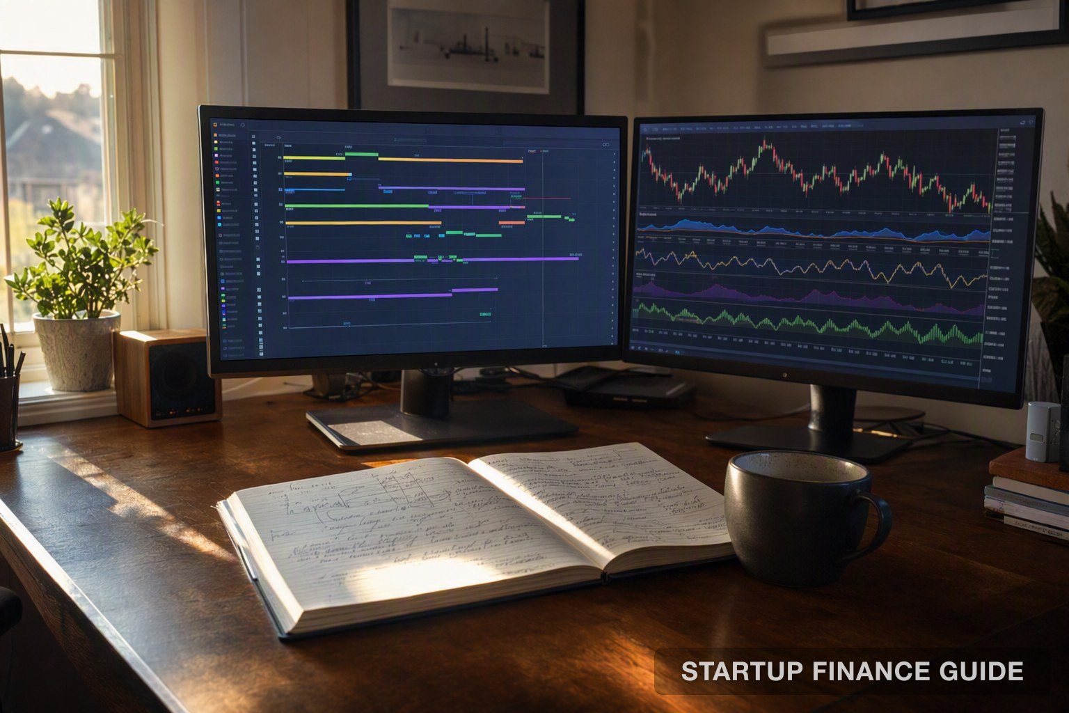 Two monitors showing account signal charts beside a handwritten notebook