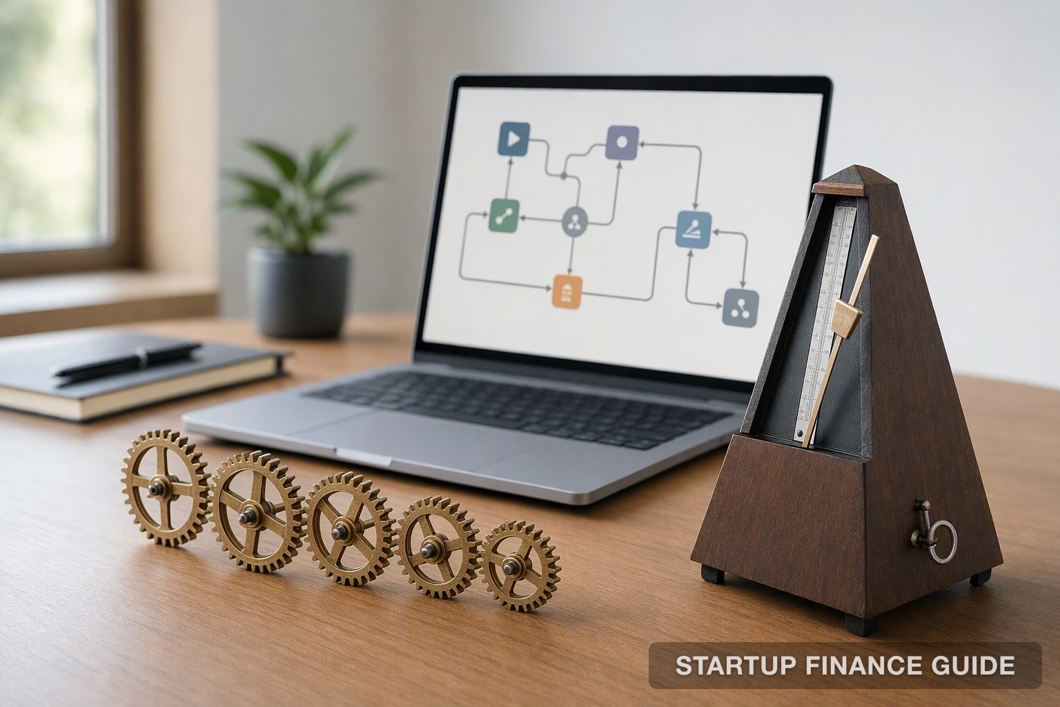 Brass gears and a metronome beside a laptop flowchart, representing eight customer success tools compared on automation depth