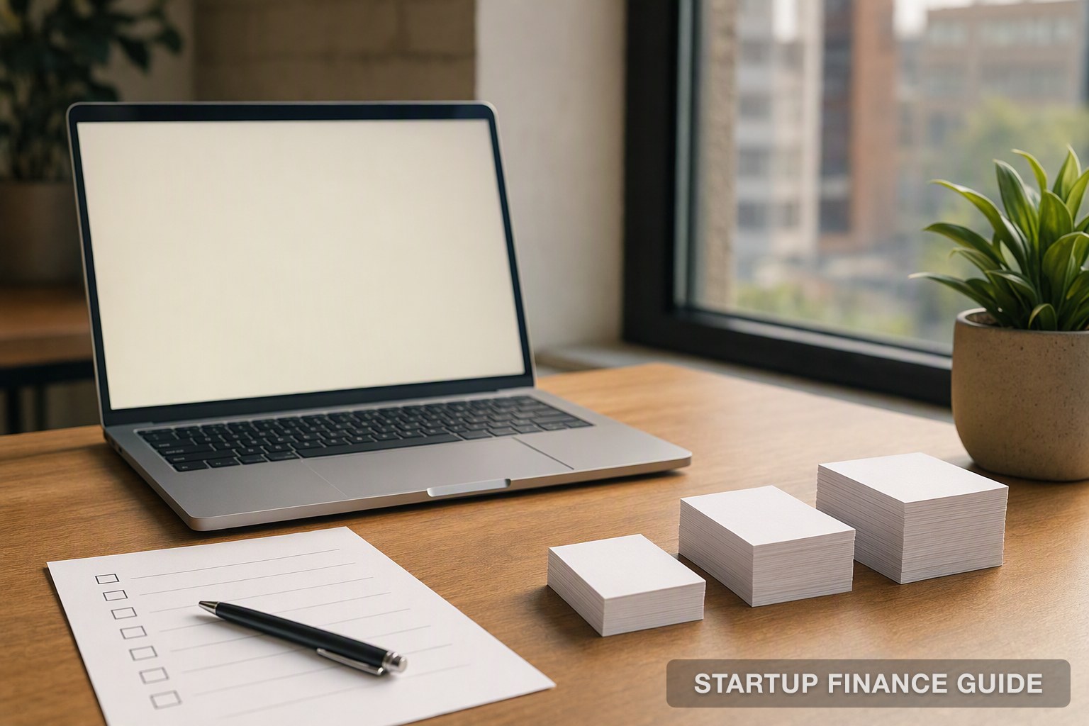 A startup desk with a laptop, a paper checklist and three stacks of index cards representing customer onboarding tiers