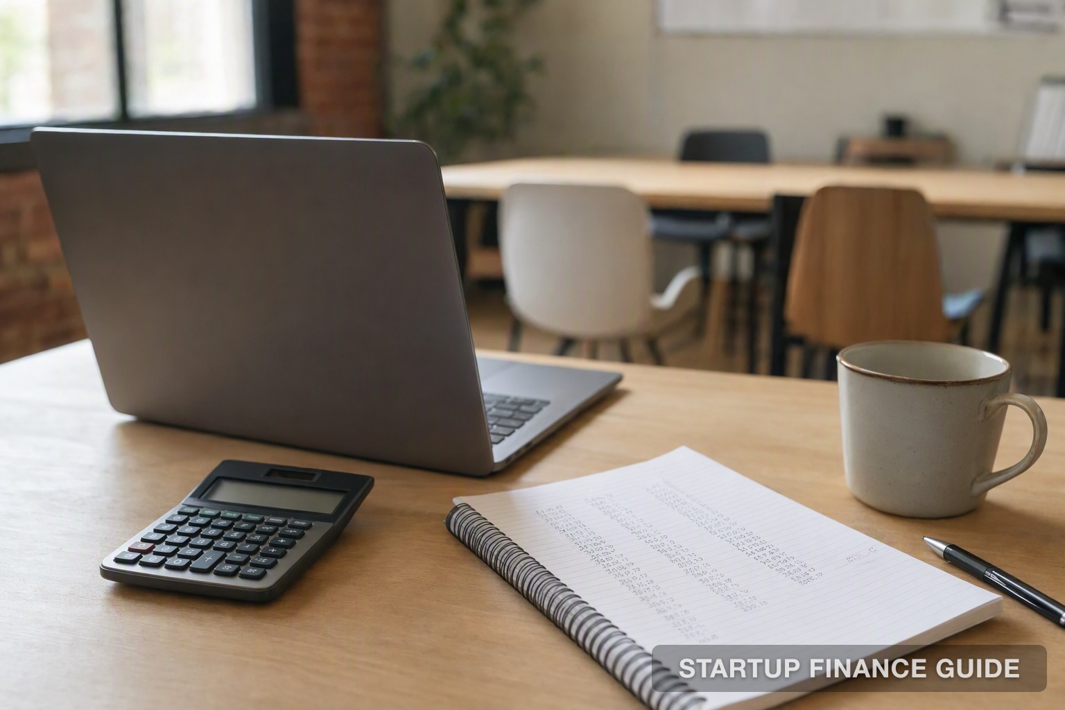 A startup desk with a laptop, calculator and notebook of sums, with empty chairs around a shared table behind it