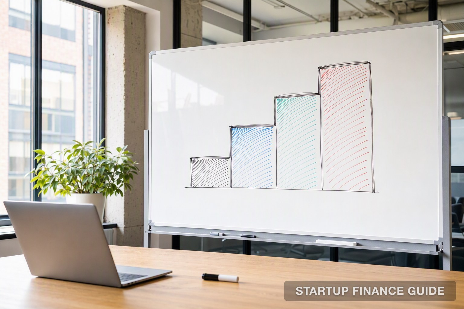 A whiteboard sketch of stepped pricing tiers beside a laptop