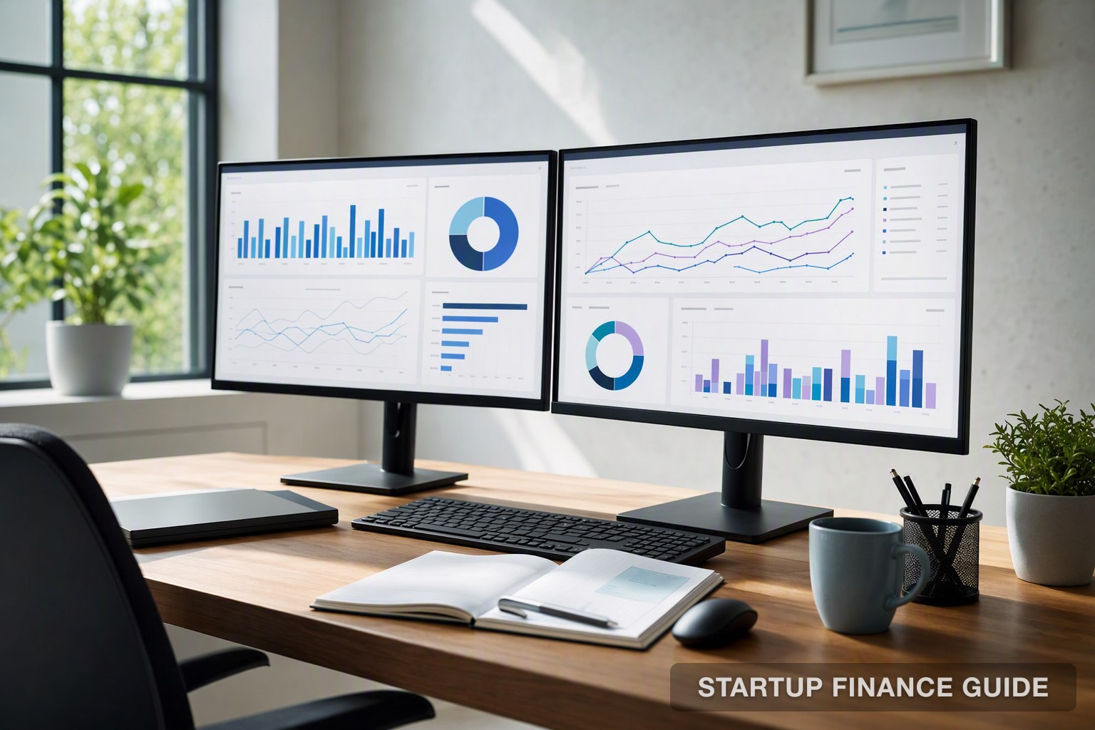 Product analytics dashboards on a dual-monitor workstation