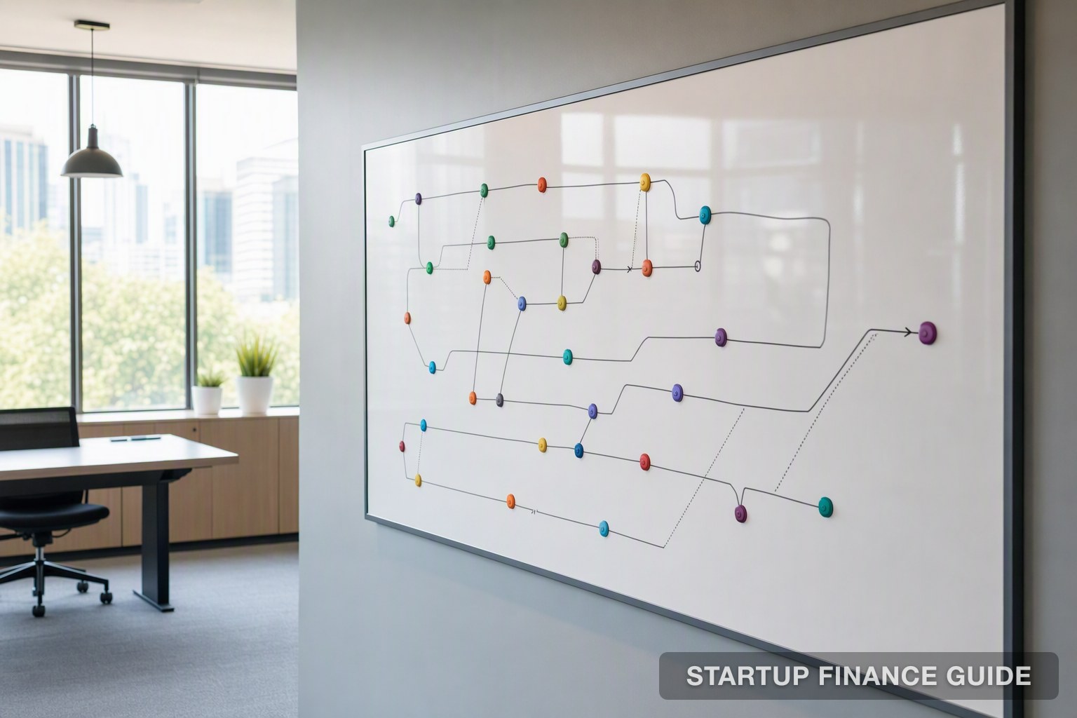 A wall board tracking an account journey with markers and connecting lines