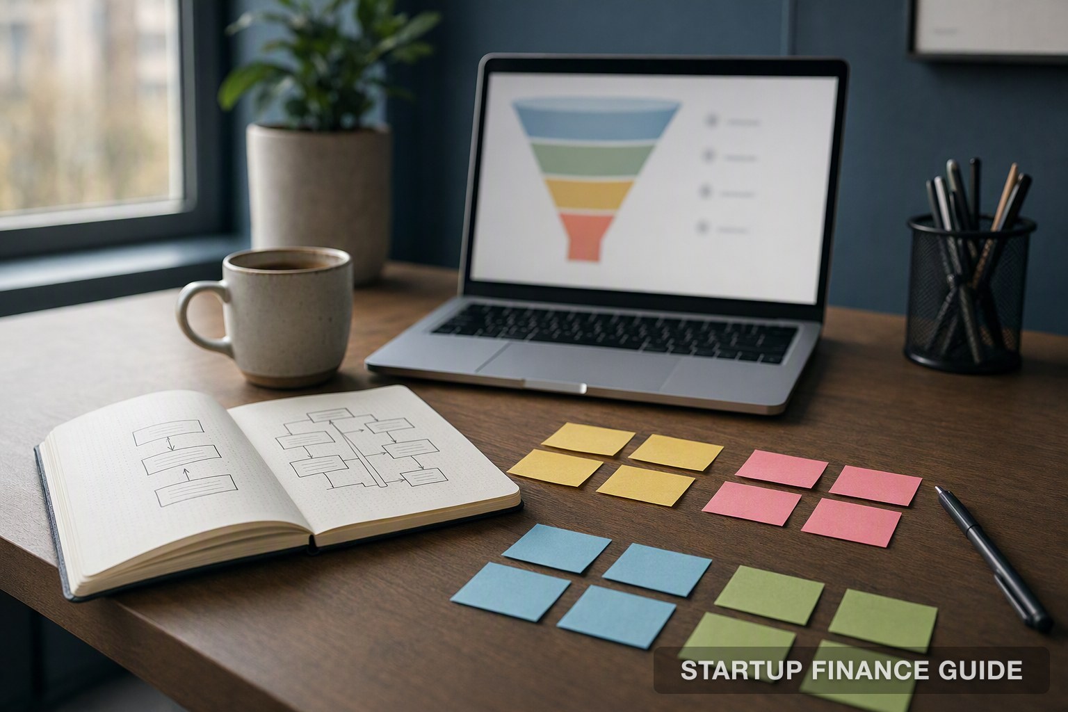 A product team desk with a laptop showing a blurred funnel chart and sticky notes sorted into four colour groups