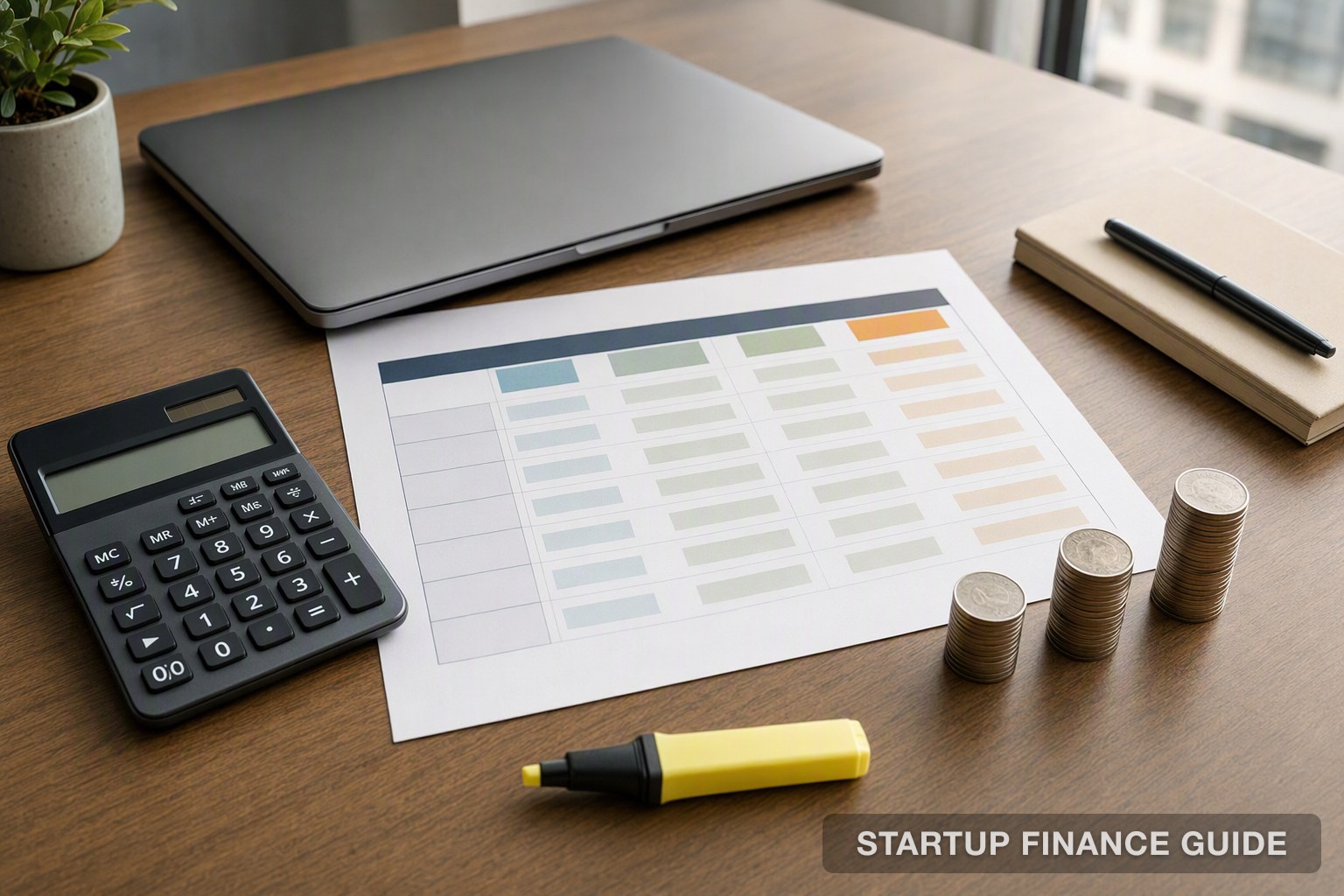 A desk with a calculator, highlighter, three coin stacks of increasing height and a printed comparison sheet, representing customer success software costs at three team sizes