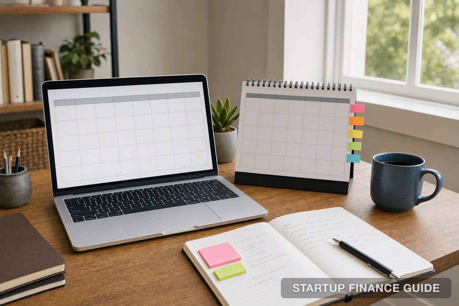 Small-business desk with a laptop calendar, paper planner and meeting notes, illustrating CRMs that log Gmail and Google Calendar activity