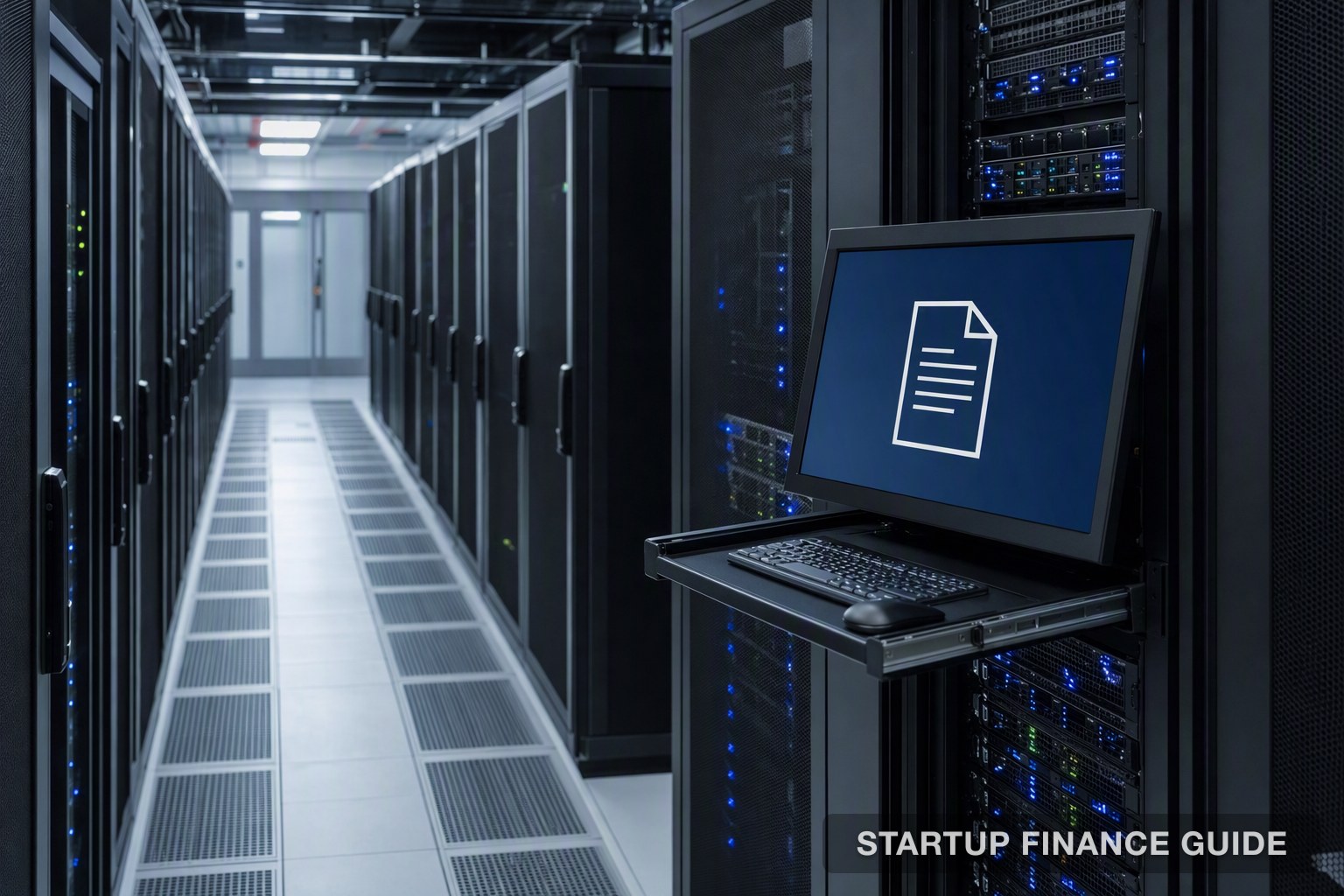 A data centre aisle with a monitor showing a records interface